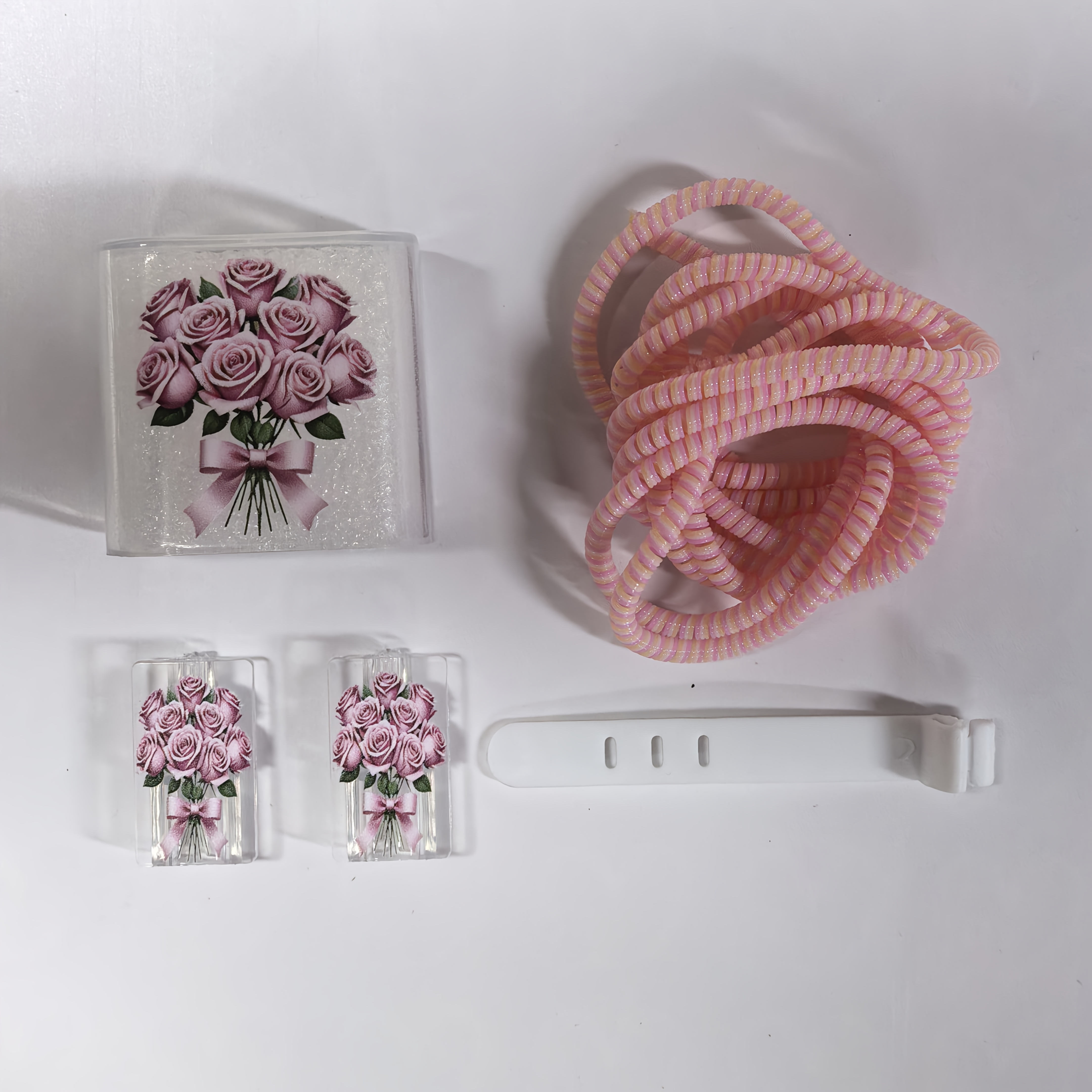 TEMU 5pcs Set Rose Bow Bouquet Print, Easy And Fresh Girly Rose Bouquet Artistic Pattern For Iphone 16 15 14 13 12 11 Pro Max Charger Data Cable