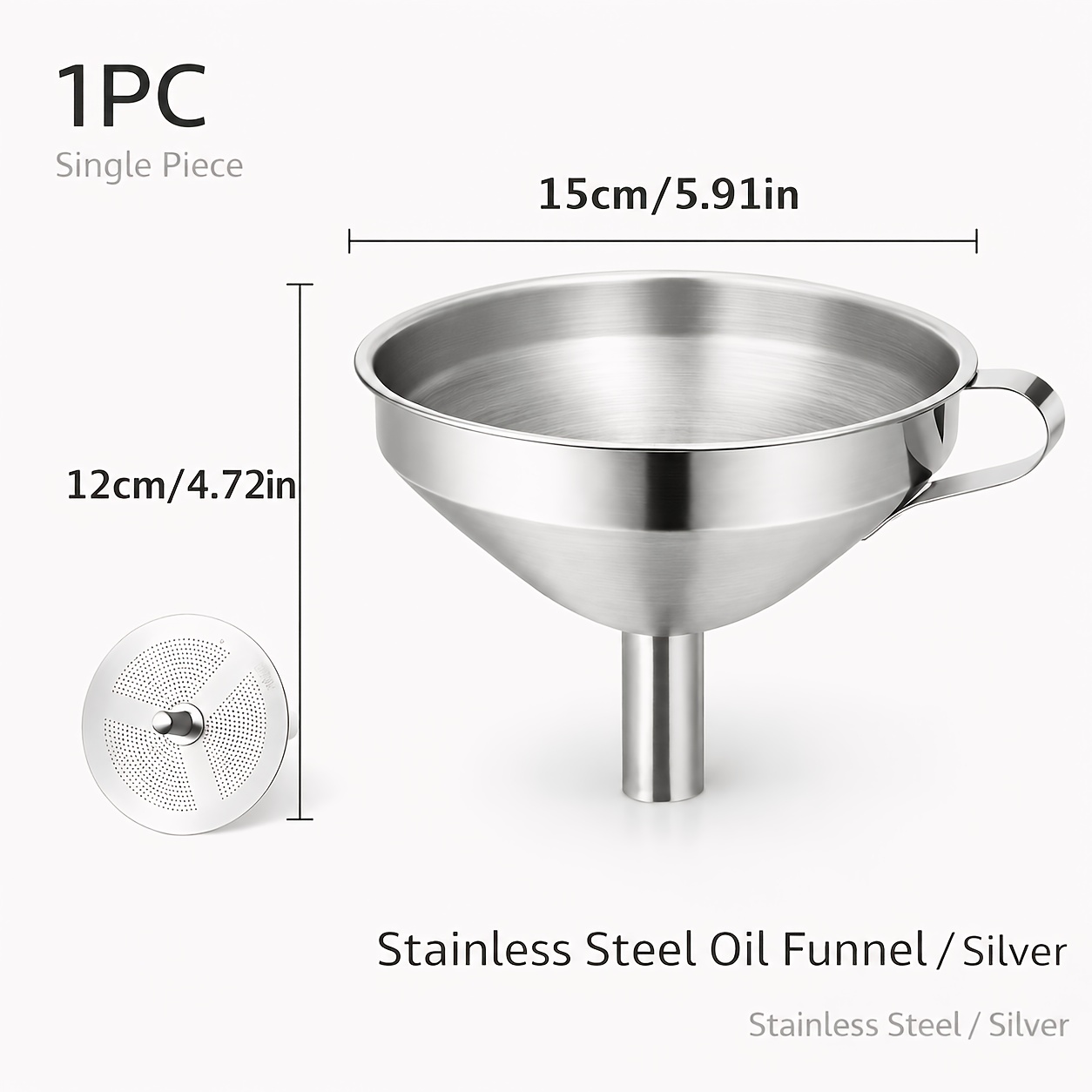 TEMU Zokoni 1pc Stainless Steel Funnel With Removable Strainer, Wide Mouth Kitchen Funnel For Oil, Liquids, Powder And Wine Filtering, Metal Filling