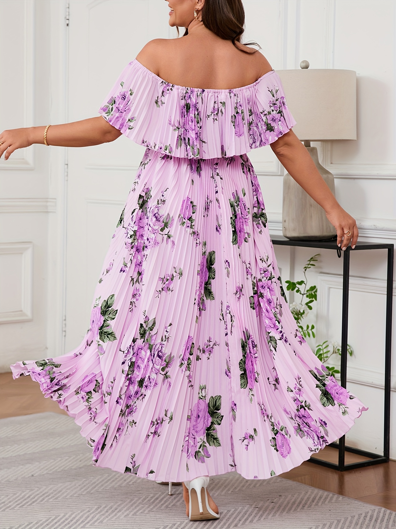 elegant plus size shoulder floral maxi dress purple floral Temu