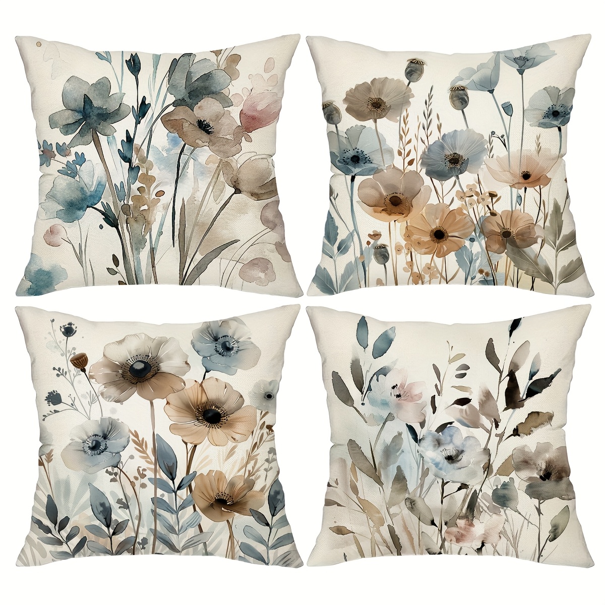 

4pcs, Watercolor Flowers Throw Pillow Covers, 18in*18in, And Blue Tones Plants Decorative File Cushion Covers, Home Decor For Sofa Bedroom Farmhouse, Without Pillow Cores