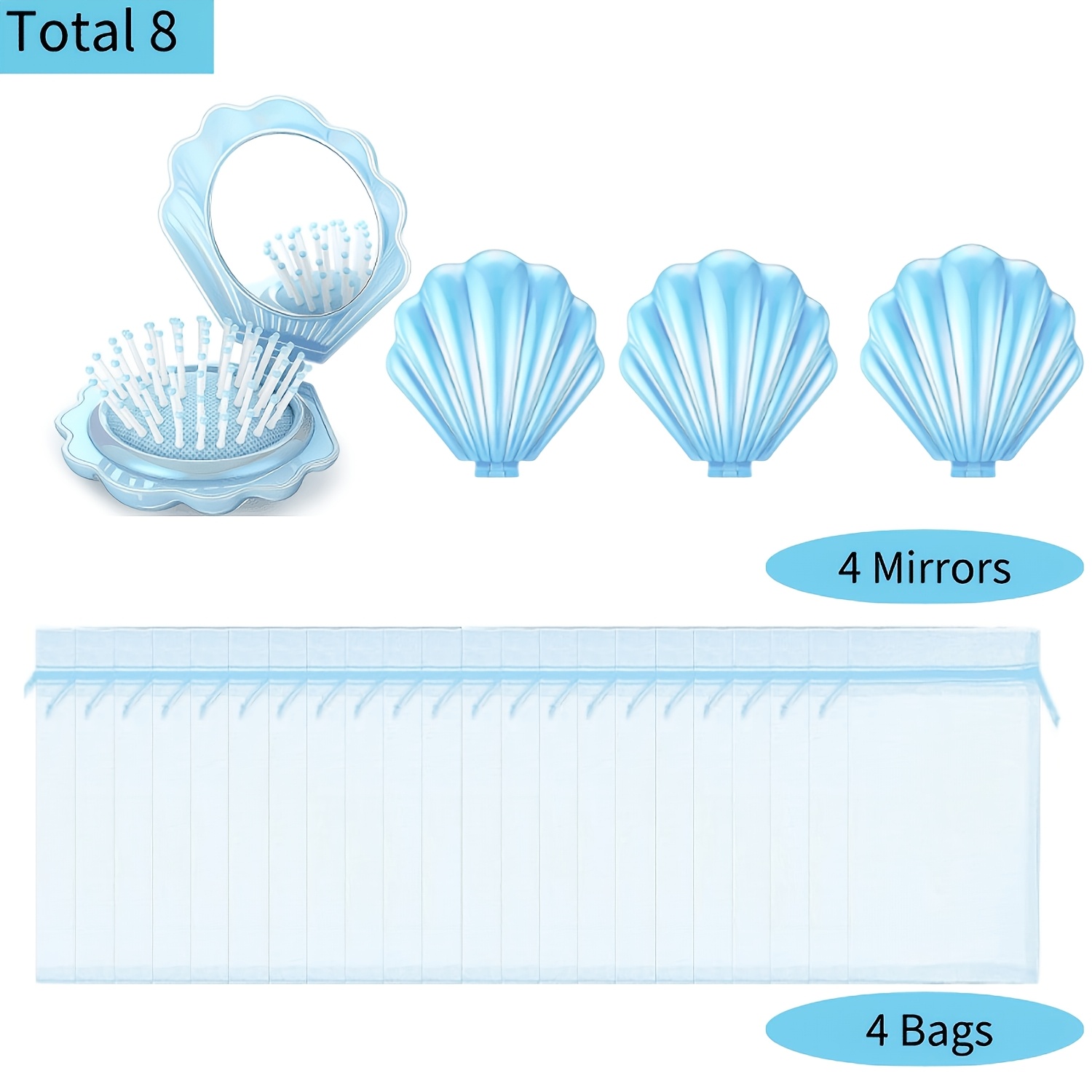 TEMU 8pcs Set (4pcs Mirrors And 4pcs Pouches) | Mermaid Party Foldable Shell Hairbrush With Mirror, With Bag, Mini Travel Pocket Compact Hairbrush