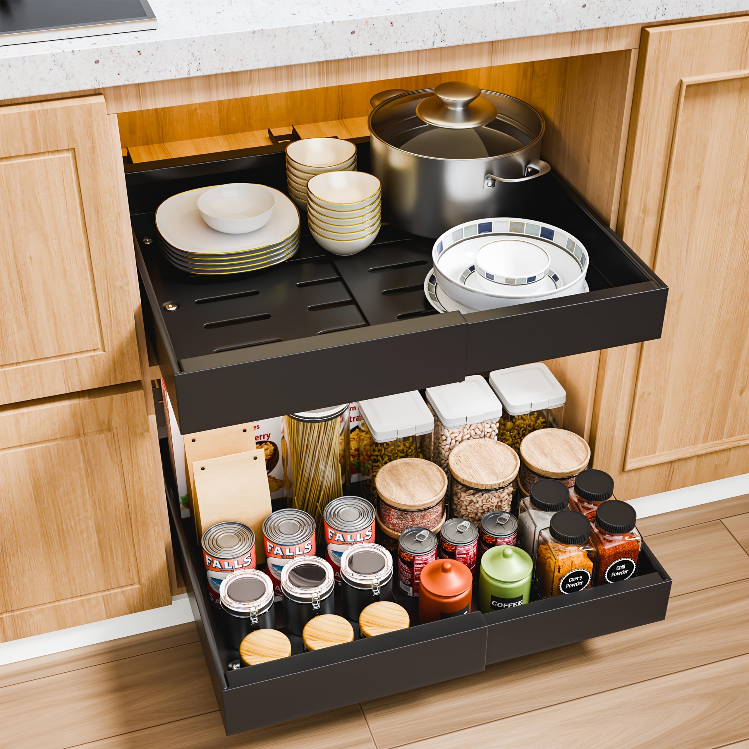 TEMU Expandable Pull-out Drawers For Kitchen Cabinets, 4-pack Heavy Duty Carbon Steel Sliding Storage Organizers, No-drill Under-sink Rolling Basket