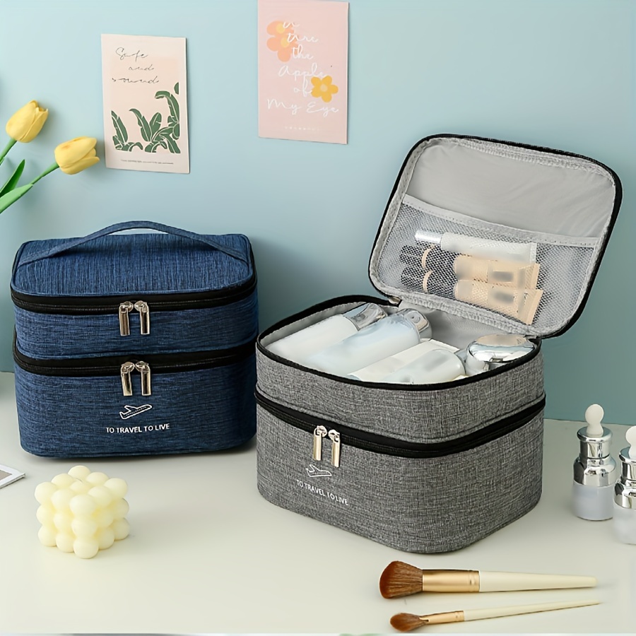 

1pc Large Capacity Double Layer Cosmetic Bag, Simple Pure Color, Portable Thick Toiletry Organizer For Travel And Business Trips