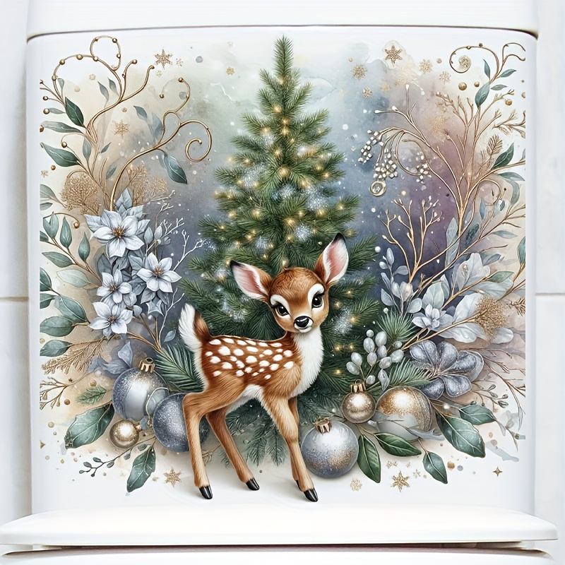 

Christmas Festive Deer And Tree Toilet Lid Decal - 1pc Self-adhesive Plastic Sticker, Waterproof Removable Bathroom Ceramic Applique With Seasonal Ornaments, Single Use Decorative Cover