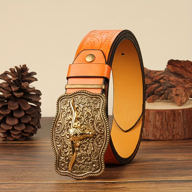Men's Western Cowboy Belt with Long Horn Buckle