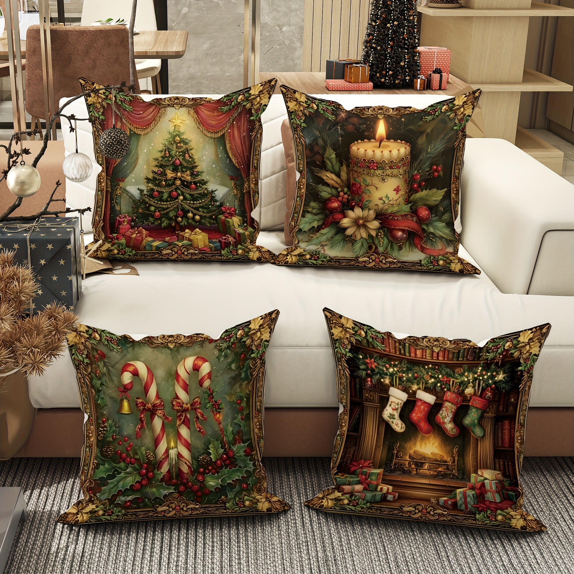 

4-pack Christmas Velvet Throw Pillow Covers 18x18, With Trees, Stockings & Candy Canes, Contemporary Zippered Pillowcases, Machine Washable, Decorative Woven Polyester For Living Room Sofa & Bedroom