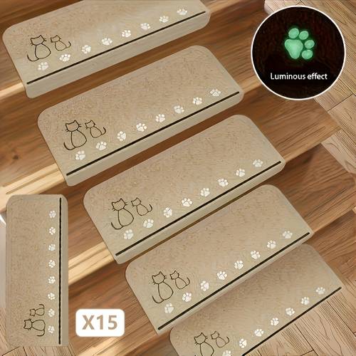set of 5 15 glow in the dark stair treads with cat paw print design non slip carpet self strips glow in the dark stair protection mats home stair decoration no electricity required