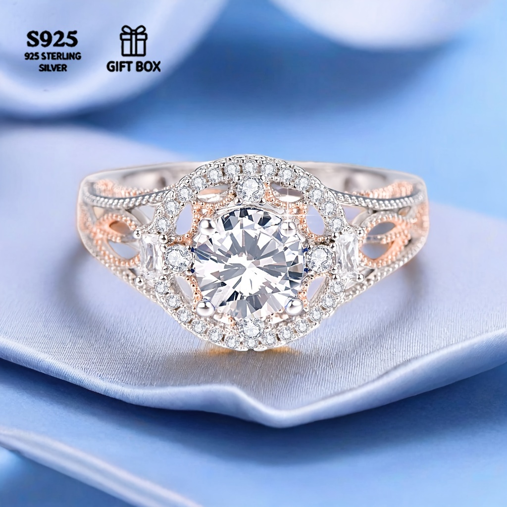 

1 Pcs Luxurious S925 Sterling Silver 18k Gold Plated High Grade Stenciling Design Set With Round Zirconia Wedding Ring - The Perfect Choice For A Lady Lover's Wedding Gift