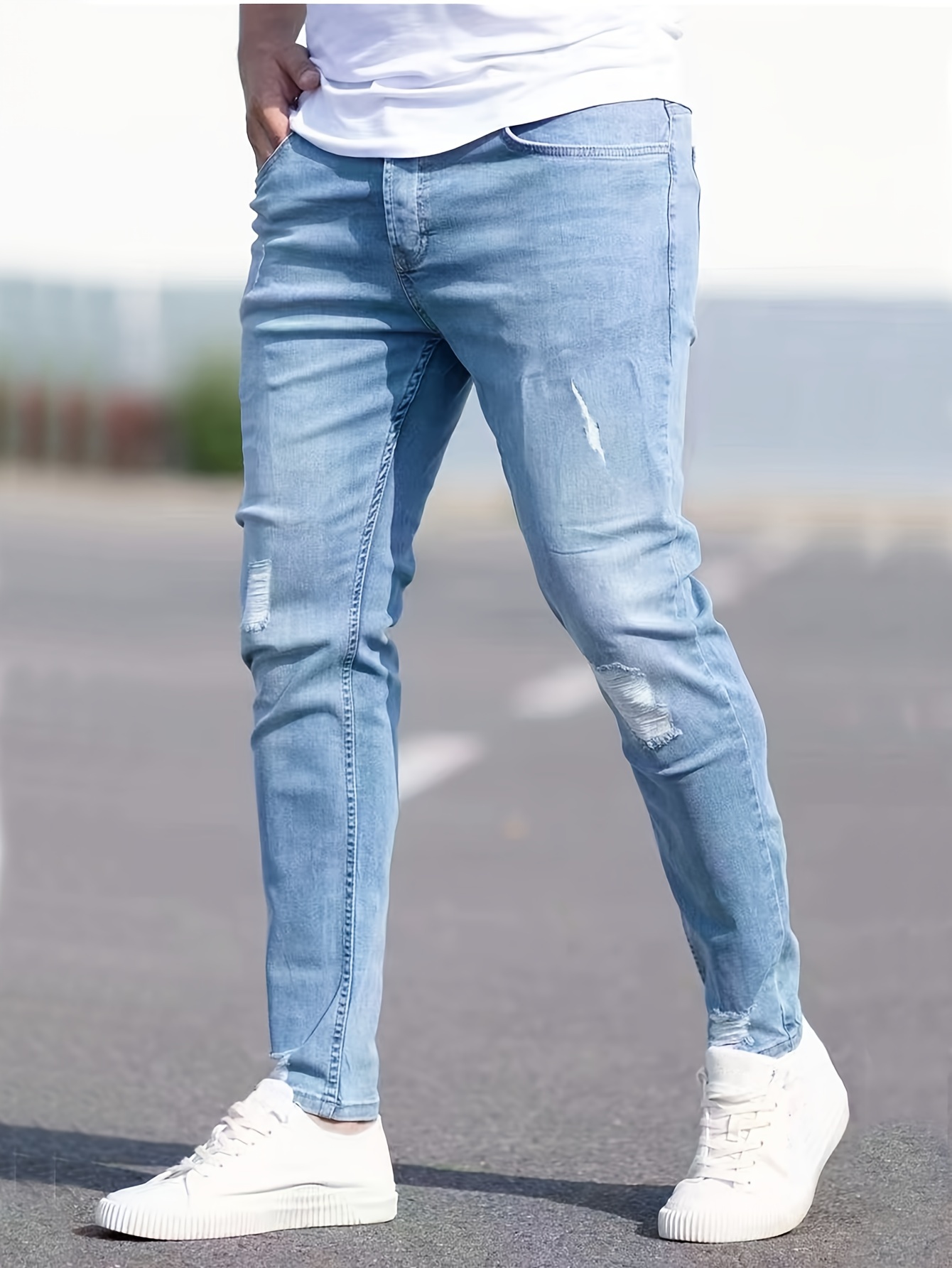 Pantalones Vaqueros Rasgados Para Hombre Jeans Ajustados Largos Skinny Moda  Lujo