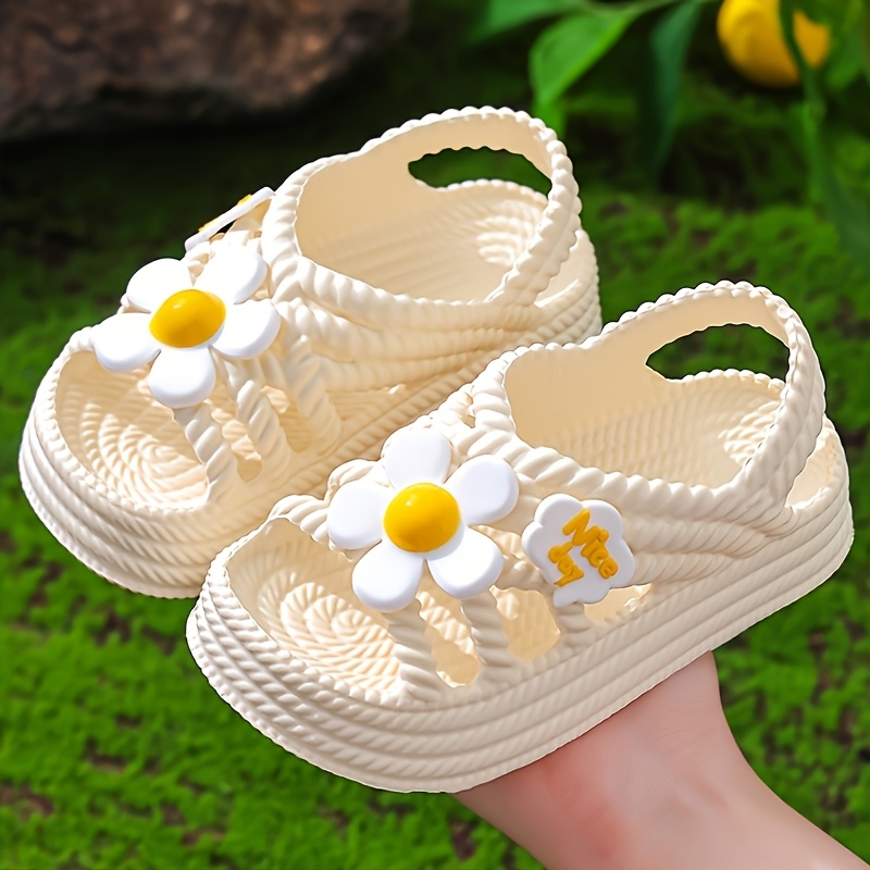 Girls' Summer Sandals with Floral Accents - Breathable EVA Slip-On Beach Shoes, Lightweight Soft Sole for Outdoor Play & Casual Wear, Cute Flower Design in Pink, Purple, Beige, Shoes for Girls, Playful Youngsters Footwear, Cushioned Comfort Insole