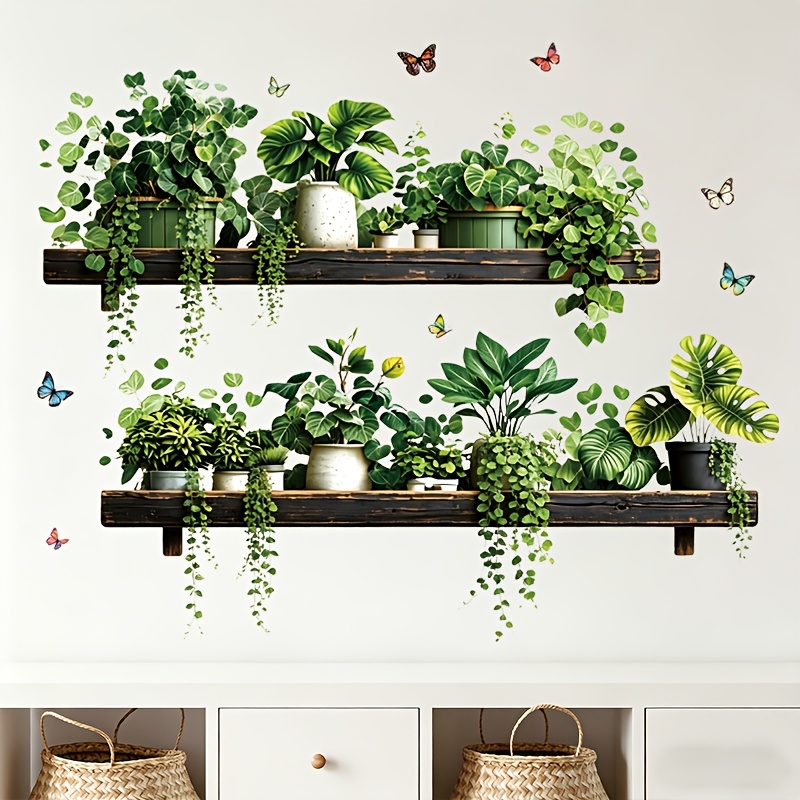Image of Greenery Wall Decal, Potted Plant Shelf With Trailing Vines & Colorful Butterflies, Removable And Aesthetic Plant Sticker For Home Decoration