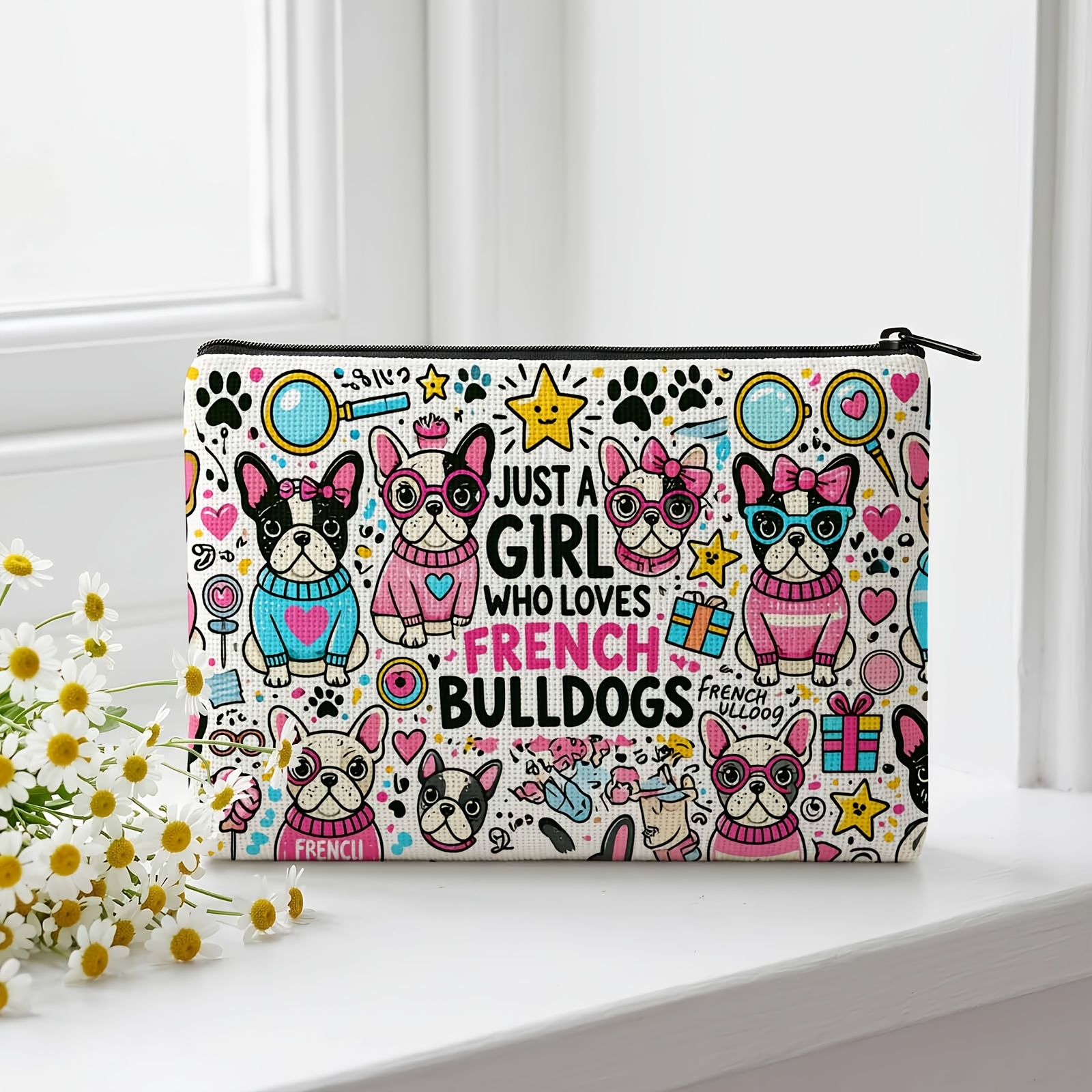 TEMU 1pc Durable Cosmetic Bag With French Bulldog Paradise Pattern, Travel Toiletry Bag And Storage Pouch, Perfect For Daily Cosmetics Organization,