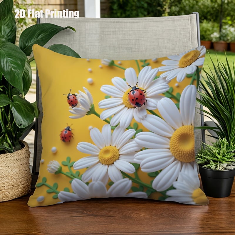 2D Flat,Terrace Cushion Cover,1pc 18X18 Inches Quare Pillow Cover, Ladybugs Rest on Daisies.,Decoration, Gifts,Valentine Festival Gifts,Outdoor Indoor,Garden Decoration, 2D Flat