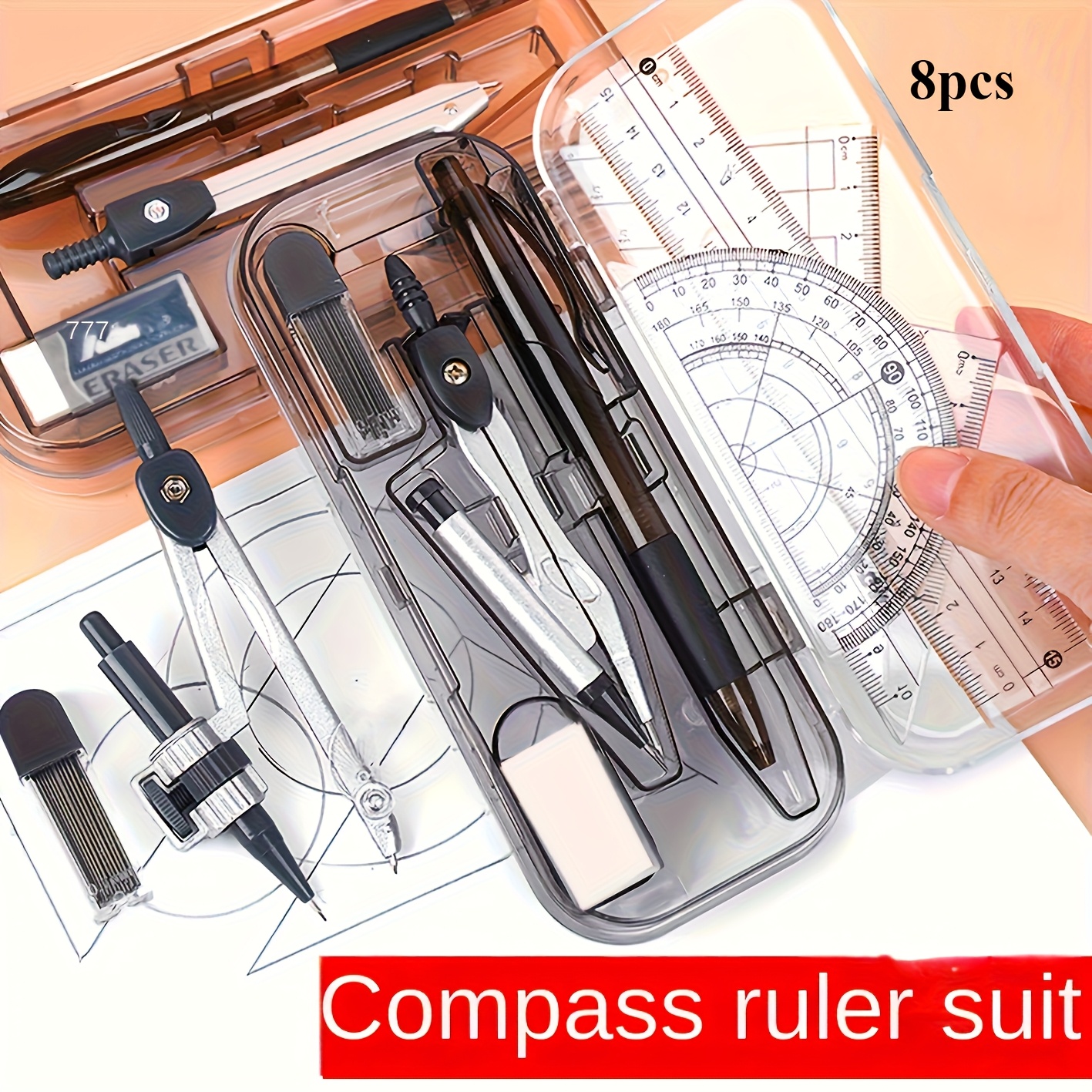 TEMU A Drawing Kit For 8pcs Of Geometric School Compass And Mechanical Pencils, Protractors, Rulers And Triangle Rulers With Storage Box, A Must-have