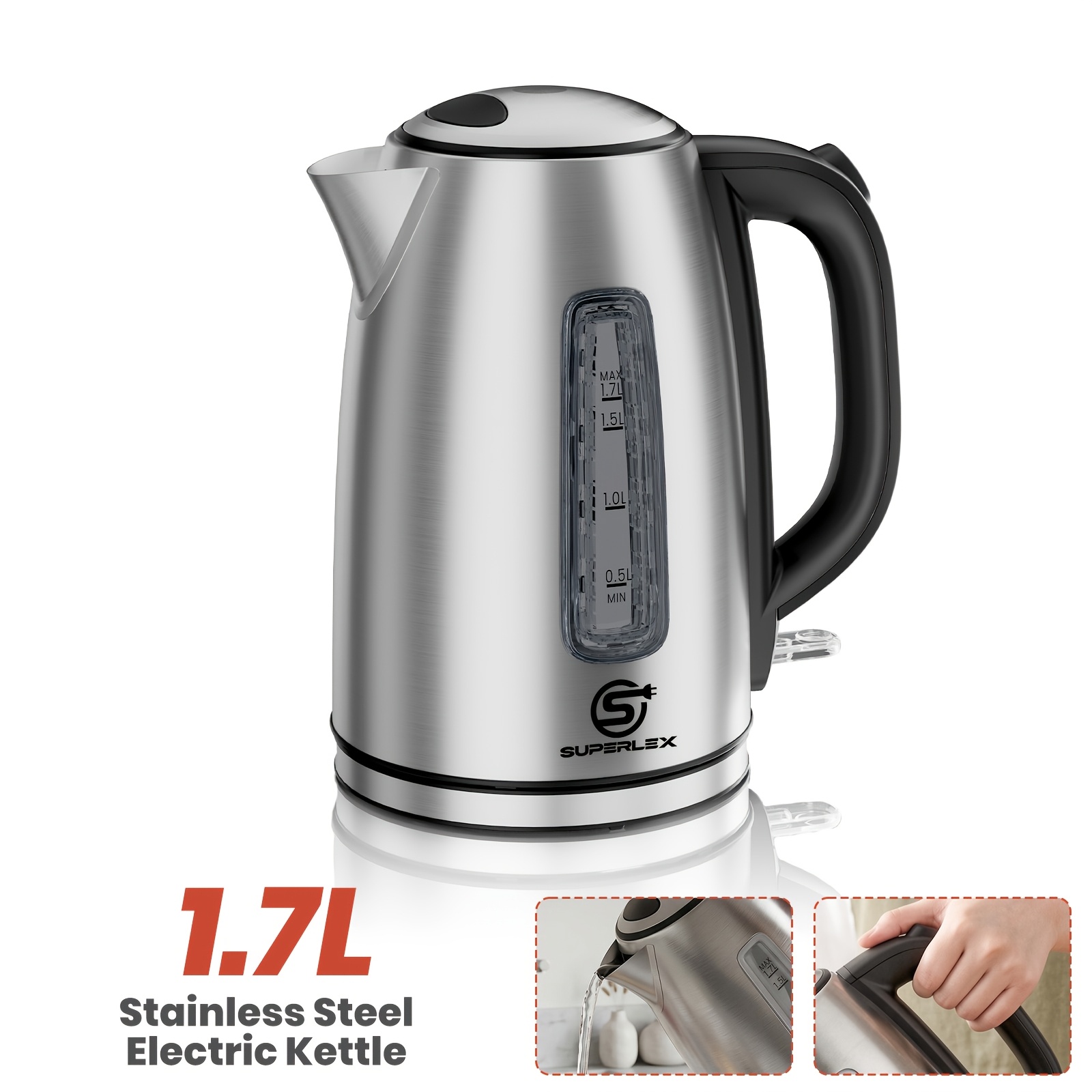 Image of Superlex Electric Kettle 2200w Stainless Steel Water Boiler For Fast Boil, 1.7l Water Gauge & Lid Tea Kettle, Electric Kettle With Cable Storage With Handle, Auto Shut Off & Boil- For Home Tea Coffee