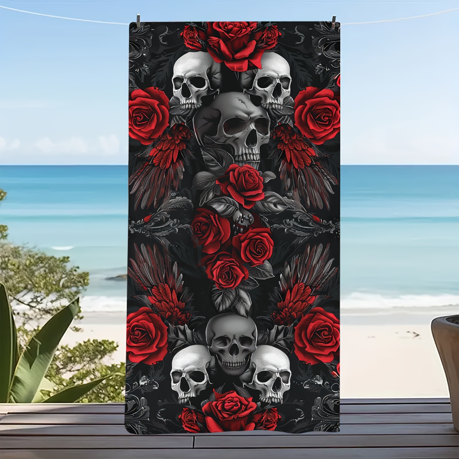 

Vintage Style Summer Beach Towel With Skeleton And Rose Pattern, Super Absorbent, Knit Fabric, Polyester, 250gsm, Oblong Shape - Character Theme Beach Towel For Beach And Bath