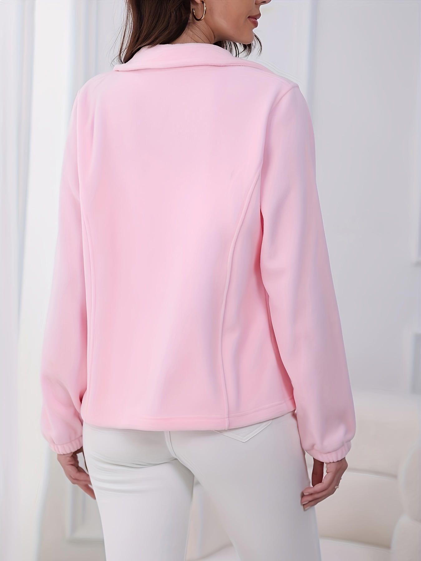 solid   up fluffy jacket casual long sleeve stand collar slant pockets jacket for fall winter womens clothing pink red color 2