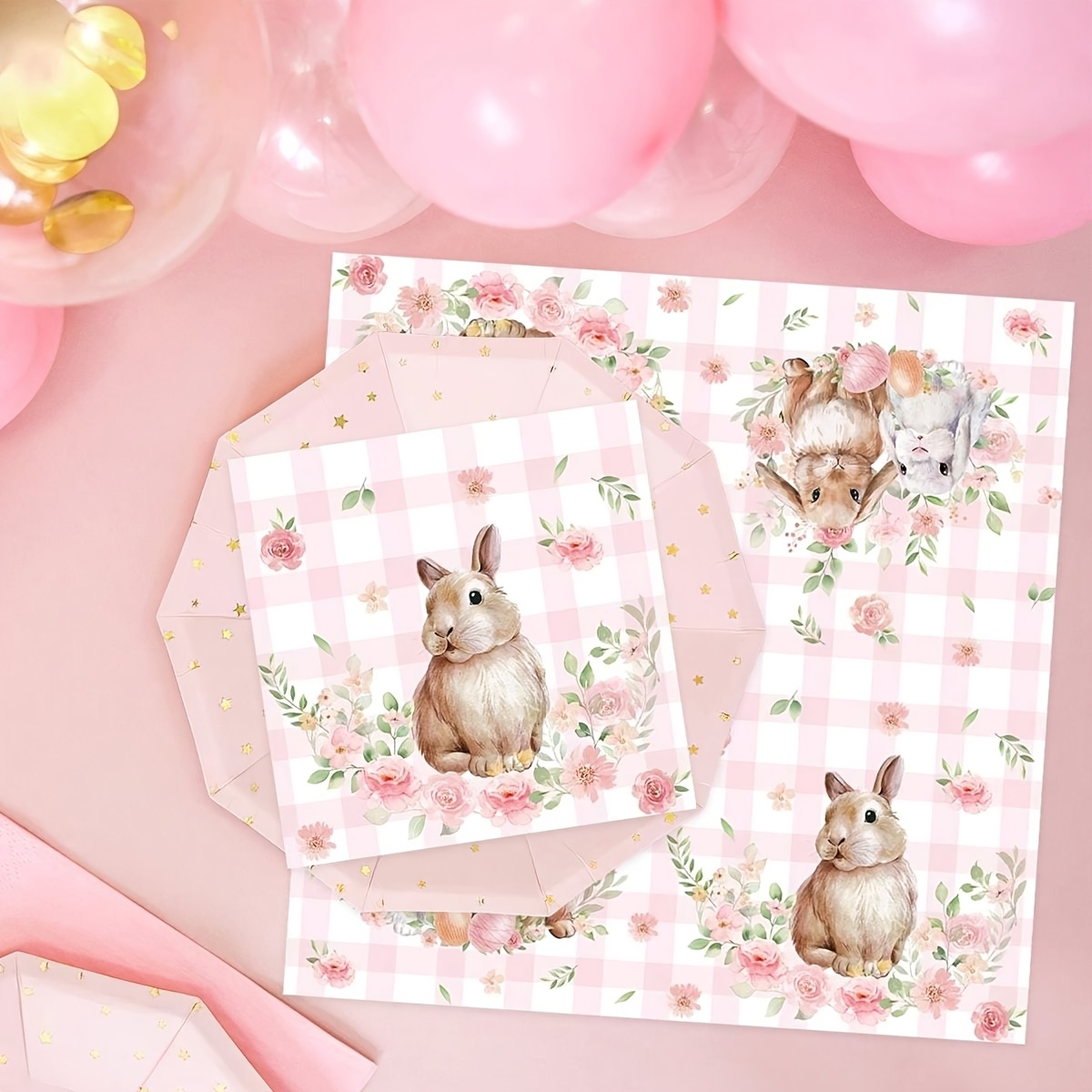 

Pack Cute Bunny & Floral Paper Napkins, Checkered, Rabbit Themed For Easter, Valentine's, Birthdays, Animal Parties, Party Decorations, Hotel & Restaurant Table Supplies