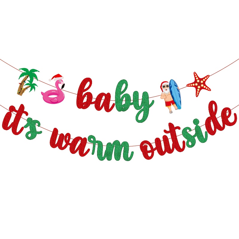 TEMU 1 Set Adorable ' It's Warm Outside' Summer Christmas Banner - 17pcs Tropical Santa Surfboard, Multi-item Party Favor Packs, Palm Tree & Flamingo