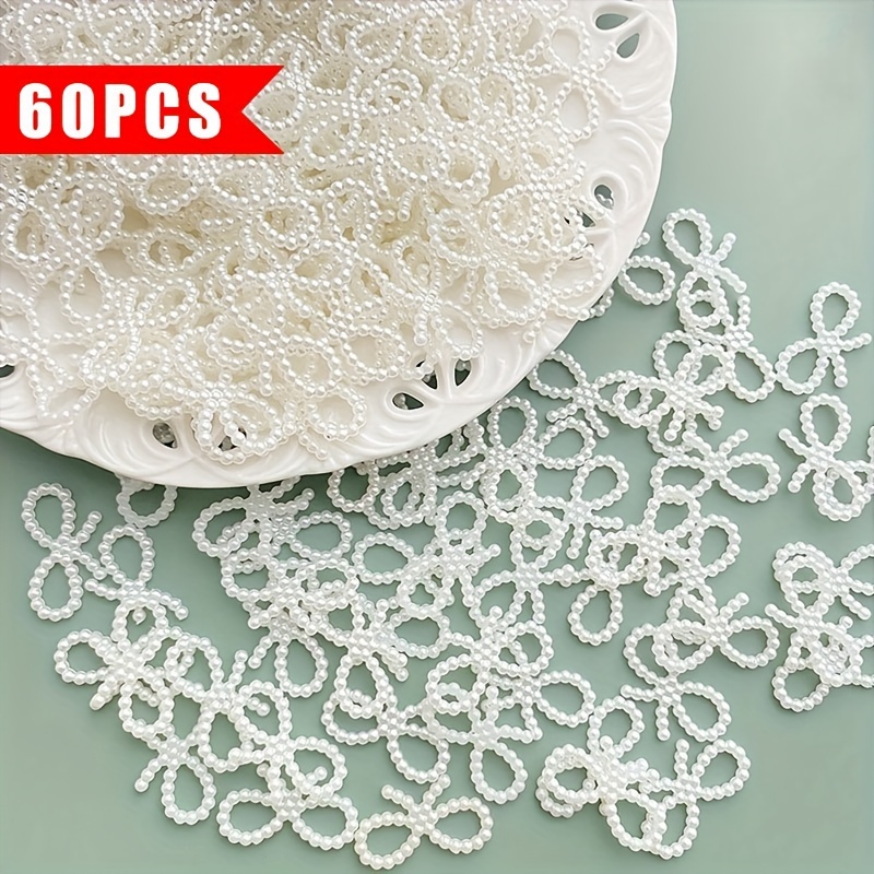 60pcs/16mm*30mm Beaded Bow Beads For Handmade Headwear Diy Appliques, Cream Glue Resin Accessories