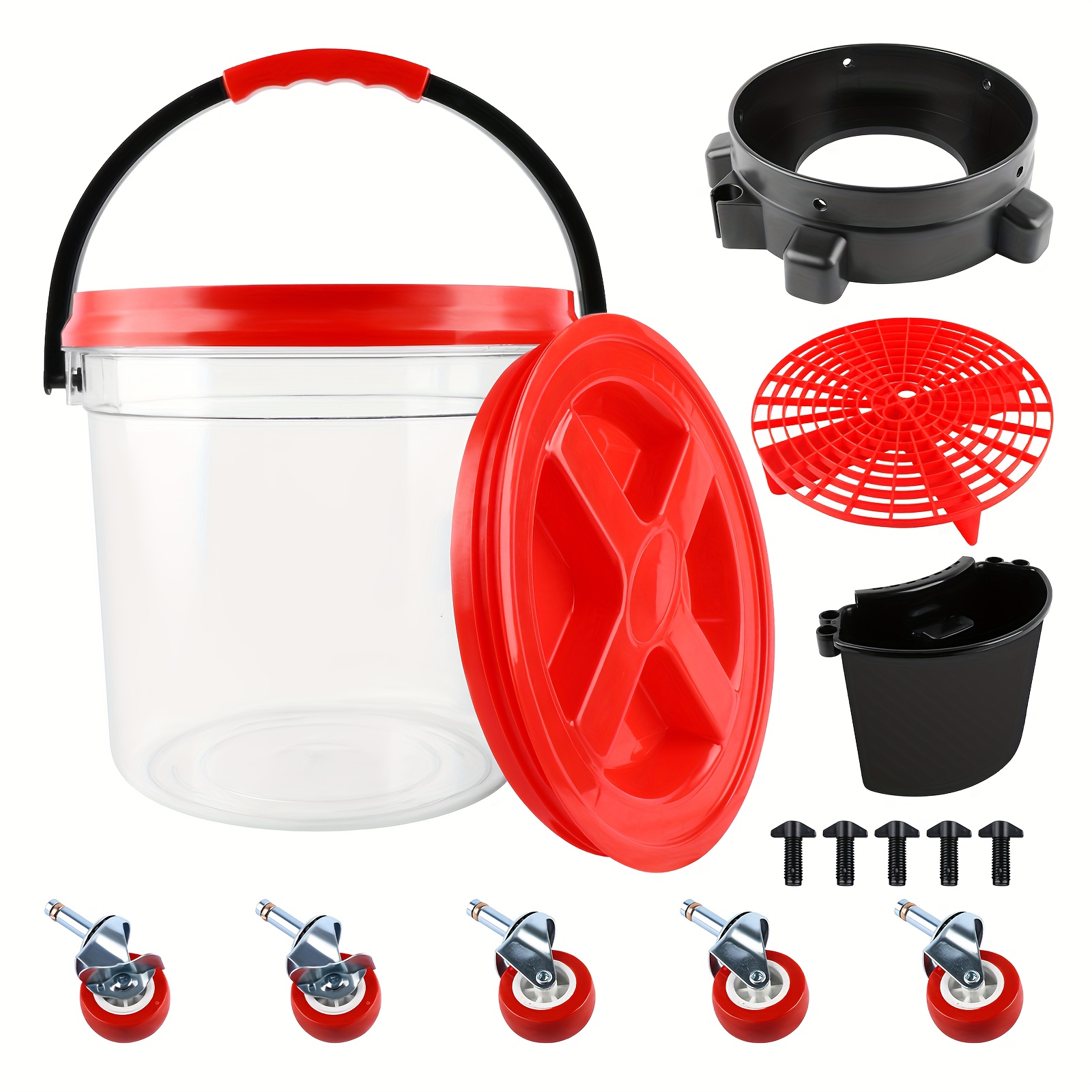 1.5 Gallon Universal Transparent Removable Rolling Bucket Dolly 360° Turning Swivel Caster Detail Kit With Storage Tray Tote Bucket Insert Grit Trap