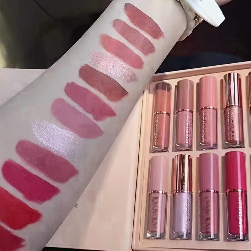 12pcs Velvet Matte Liquid Lipstick Set, Waterproof Long Lasting Quick-drying Non-Stick Cup Nude Lip Stain Kit, Up to 24H Wear, Lip Makeup Gift Kit for Women