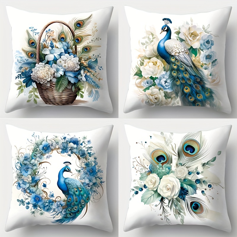 

4pcs New Peacock Flower Basket Pattern Pillow, Single Sided Printing, 17.72 * 17.72, Suitable For Living Room Sofas, Beds, Bedrooms, Home Decor, No Pillow Core