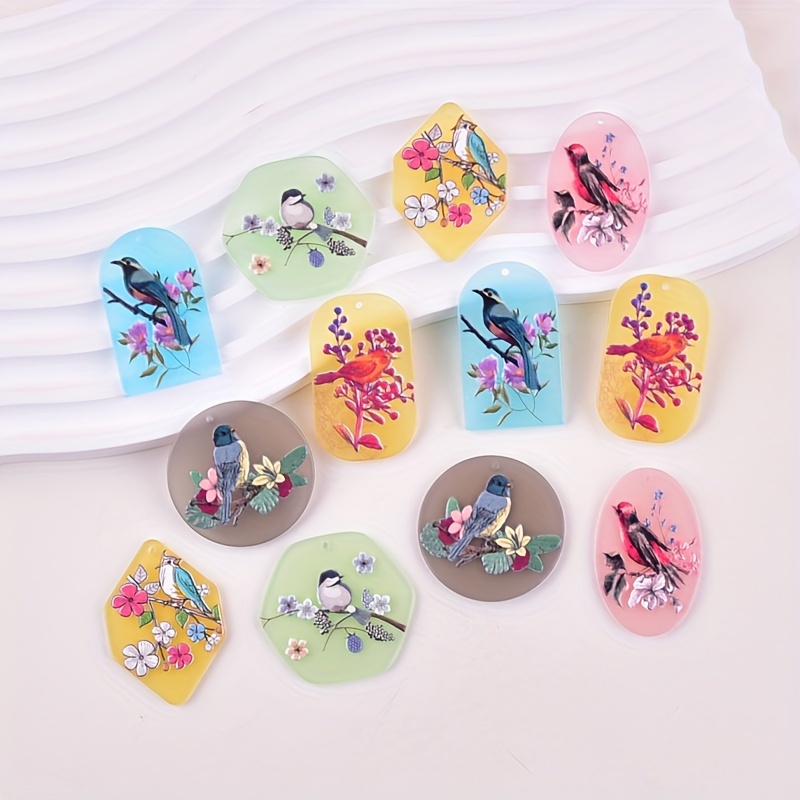 

12pcs Chinese Style Flower And Bird Painting Acrylic Pendant Earrings Necklace Jewelry Accessories