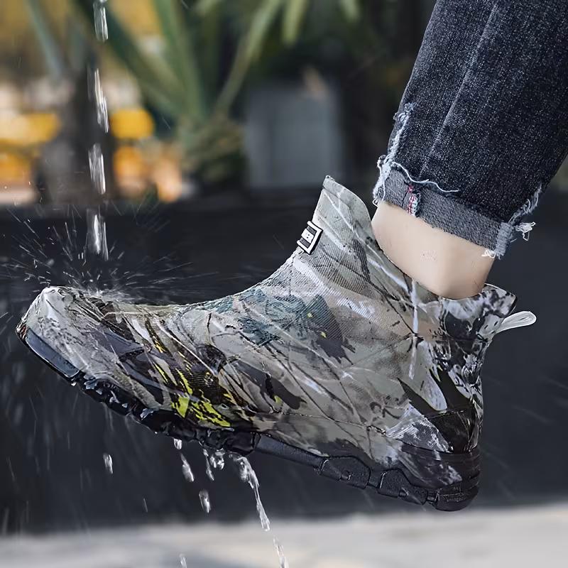 mens camo print ankle rain boots non slip durable pvc eva cushioned insole low for green black for casual or outdoor activitie Product details 1