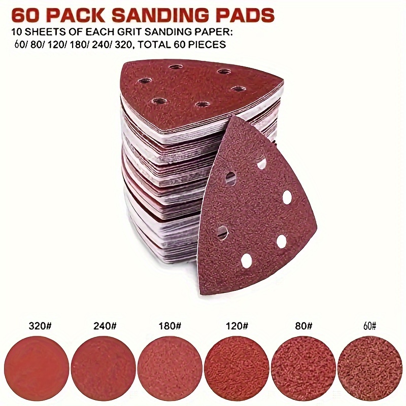 

60pcs Triangle Sanding Pads - 6 Holes Mouse Sander Sandpaper Assortment (60/80/120/180/240/320 Grits) - Compatible With Delta Sanders And Multi-sanders