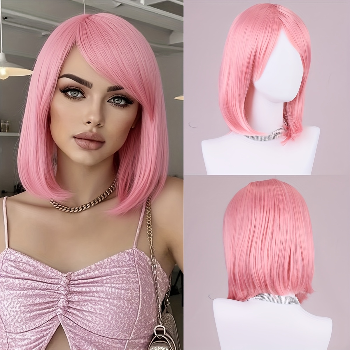 TEMU Beige 12-inch Korte Bob Pruik met Speelse Pony, Perfect voor Feesten en Festivals
