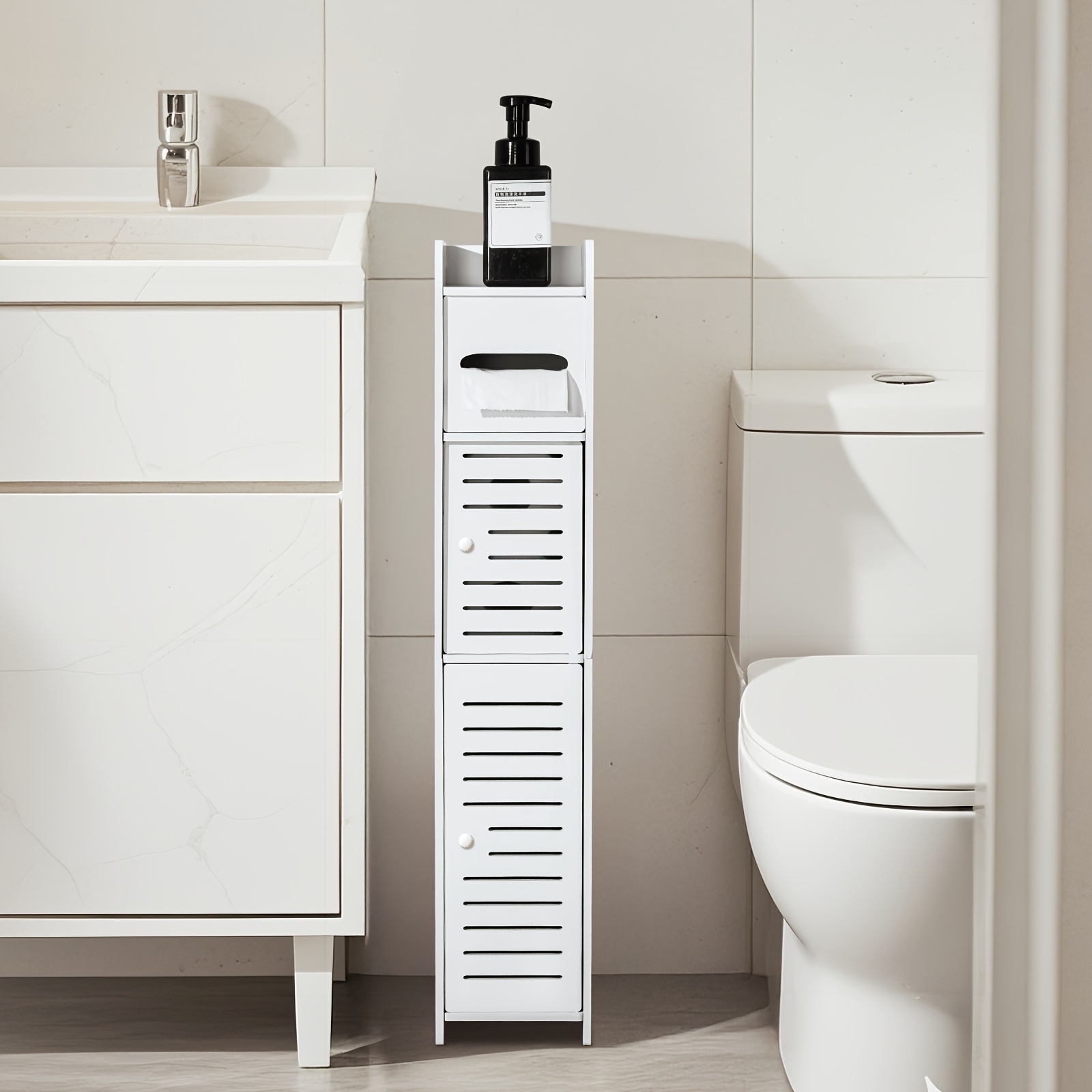 Image of Small Bathroom Storage Cabinet | Over The Toilet, Slim Corner Floor Storage With 2 Doors & Shelves, Self-adhesive, Polished White End By Lovewe