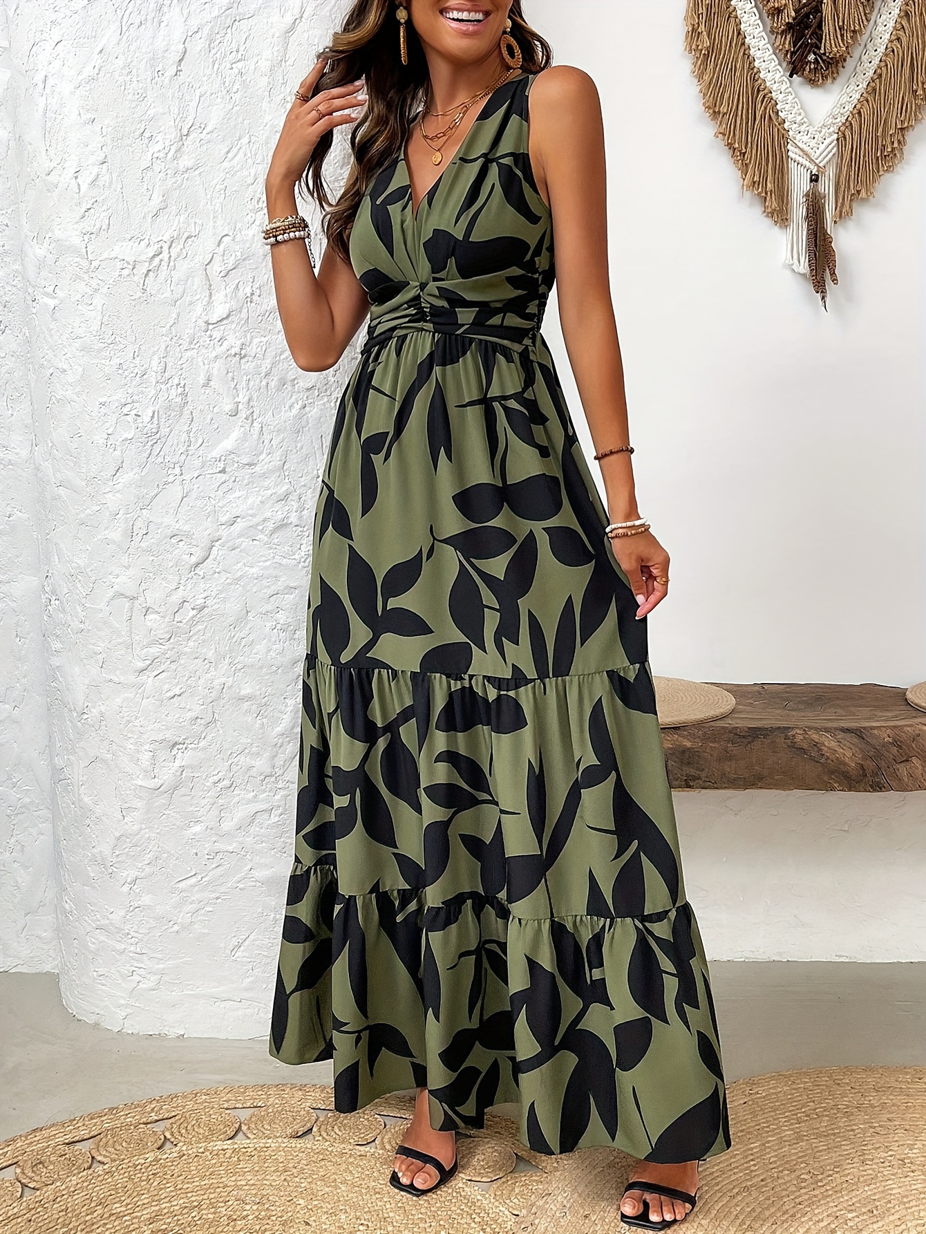 elegant v neck sleeveless maxi dress for women summer floral print polyester ruffle hem a line dress green 0