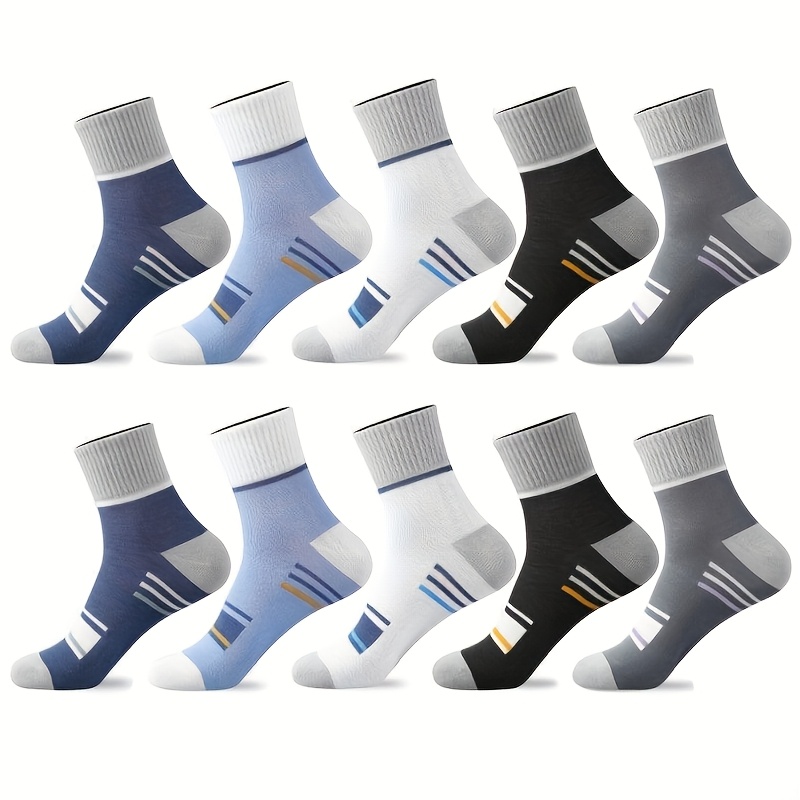E-shop 10 Paar Herrensocken in zufälligen Farben, geeignet für alle Jahreszeiten, mit kontrastierenden Streifen, atmungsaktive, mittelhohe Sportsocken