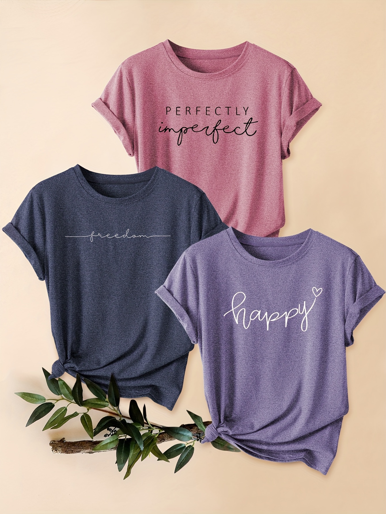 3er-Set Vintage Sonnenbaum Berg Druck Damen Freizeit Sport T-Shirts - Rundhalsausschnitt, Kurzarm, Dehnbar & Maschinenwaschbar