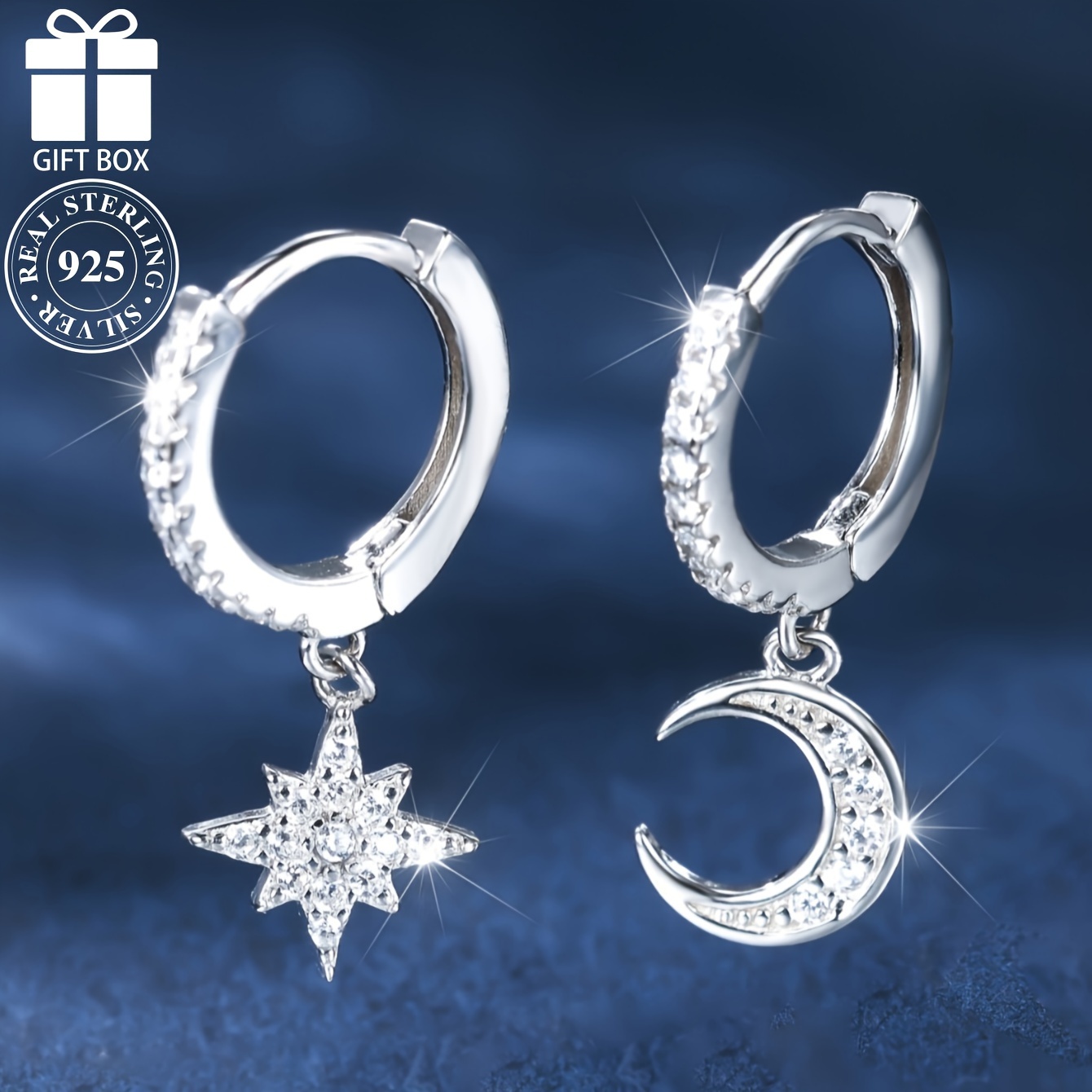 

Bijoux d'oreille en argent sterling 925 hypoallergénique, design étoile et lune, brillante incrustée, boucles d'oreilles pendantes asymétriques, style élégant et mignon, cadeau pour femme