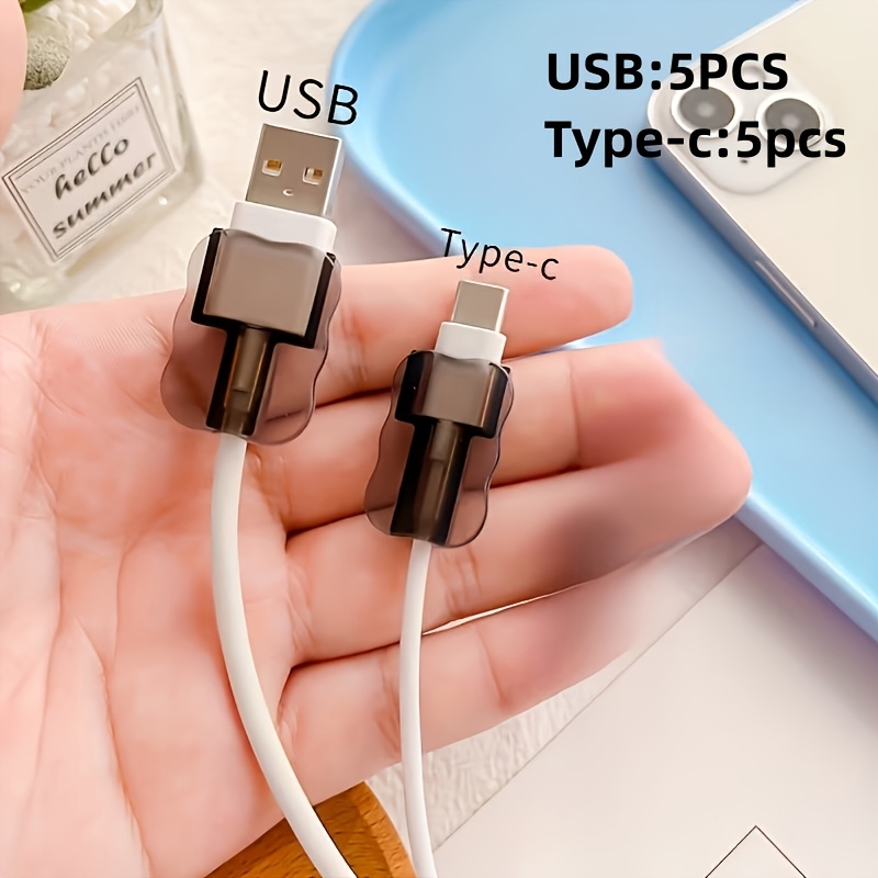 TEMU 10pcs Protecteurs de câble de charge noirs transparents à motif - Manchons en plastique durables pour câbles Apple, USB et Type-C, protection