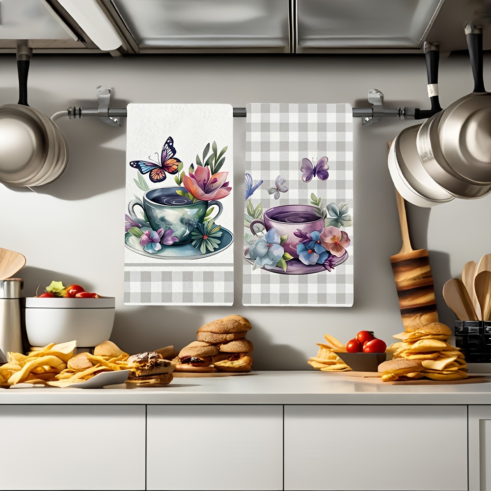 Set de 2/4 bucăți Prosoape de Bucătărie cu Model Gri în Carouri și Fluturi Floral, Prosoape de Vase, Prosoape de Mână, Prosoape Decorative pentru Bucătărie, Cadouri pentru Vecini, Cadouri Dulci pentru Housewarming pentru Prieteni, Cadouri pentru Ziua Mamei, Cadouri de Ziua de Naștere pentru Prieteni