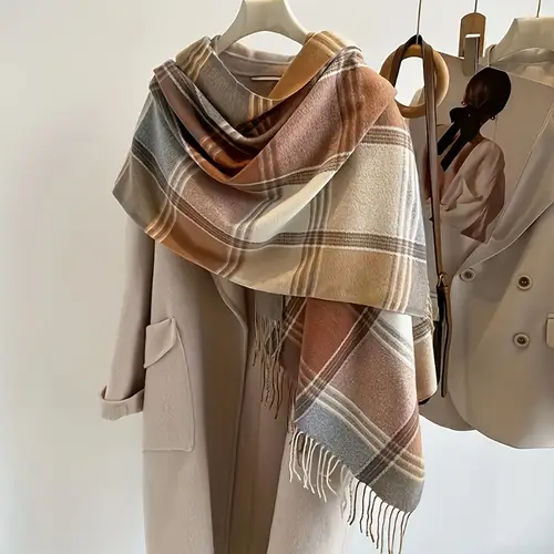 1pc elegant womens cashmere tassel scarf warm windproof and stylish for casual soft knit fabric with fringe detail beige brown herringbone for autumn and winter casual wear scarf stylish womens scarf soft knit texture