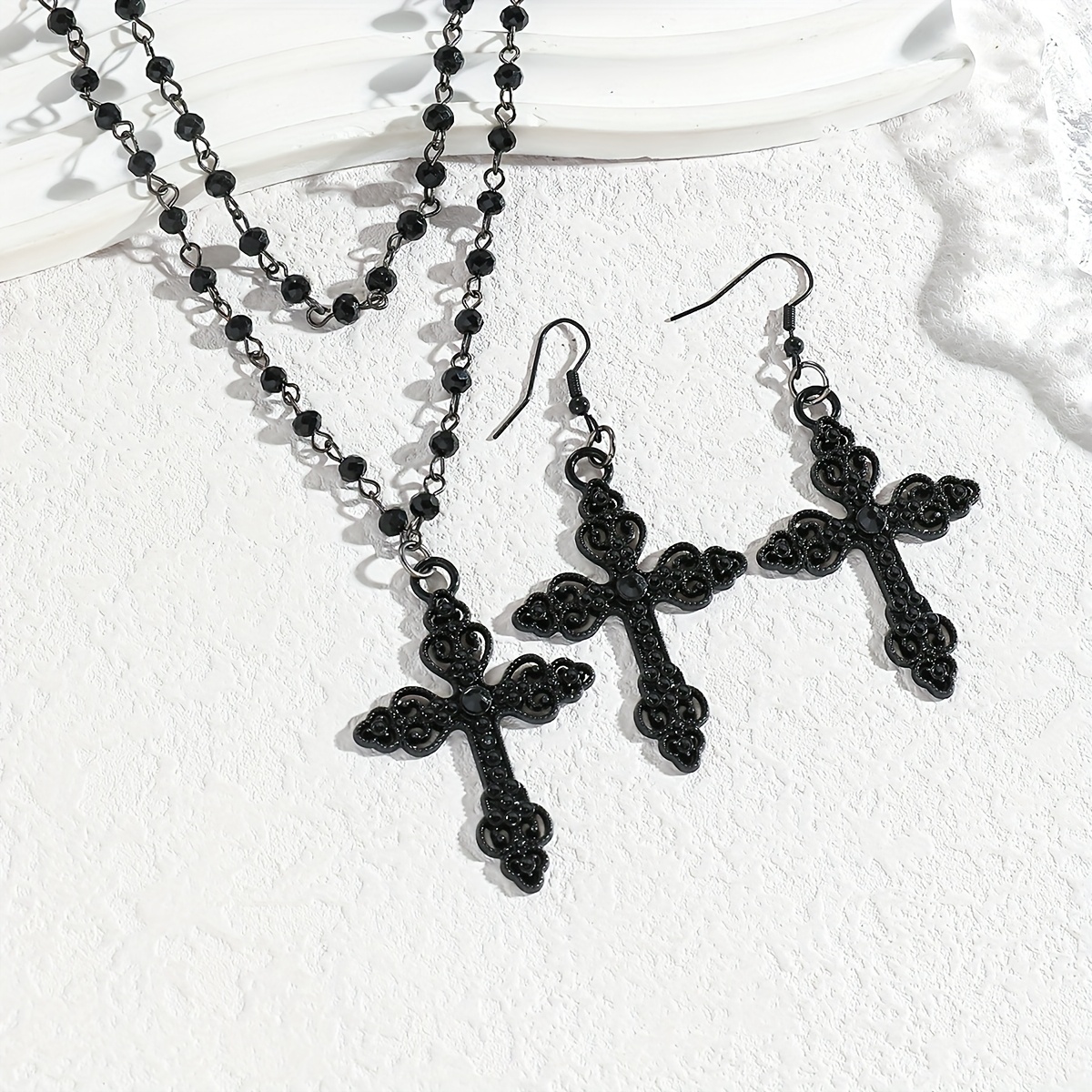 Women's Vintage Gothic Black Cross Pendant Multi-Layer Necklace and Earrings Set