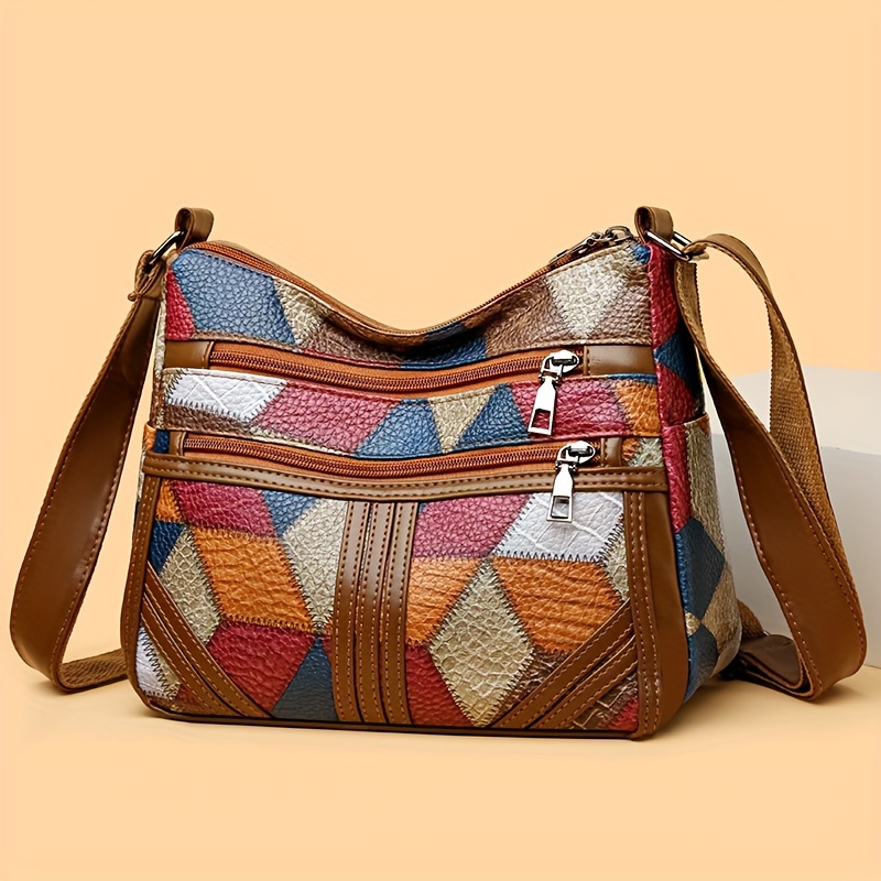 

Fashion Geometric Patchwork Crossbody Bag, Faux Leather Shoulder Purse With Adjustable Strap