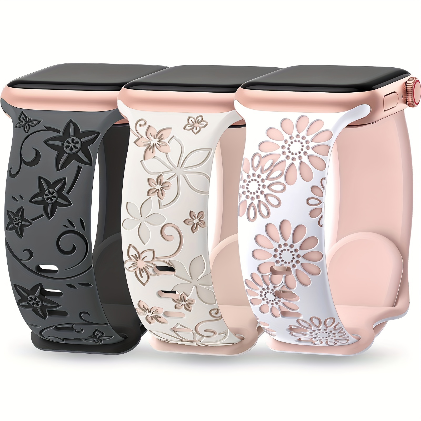 

Lot de 3 Bracelets en Silicone Gravés à Fleurs Compatibles pour Apple Watch pour Femmes 38mm 40mm 41mm 42mm 44mm 45mm 49mm, Bracelet Sportif Mignon à Fleurs pour iWatch Série 9 8 SE 7 6 5 4 3/S10