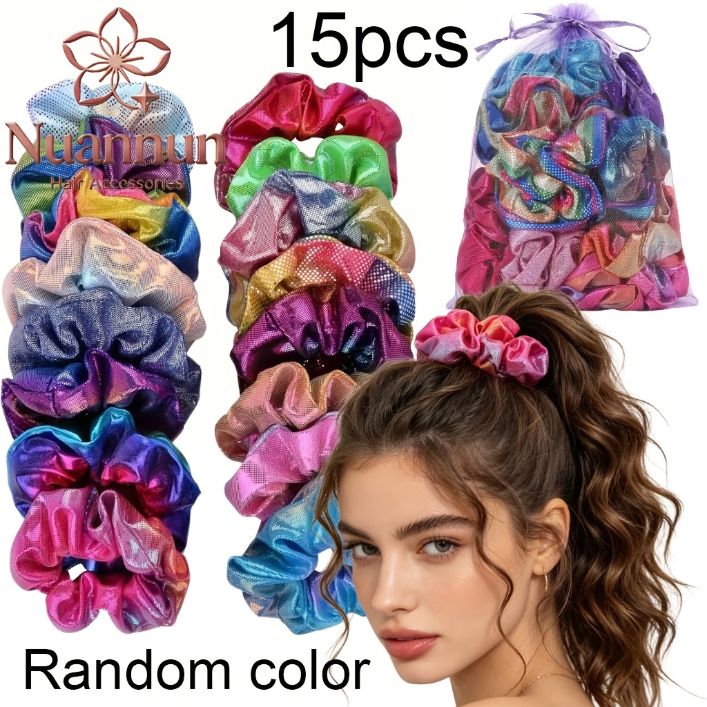 TEMU 15pcs Gradient Color Random Wrinkle Ponytail Hair Ties With Gift Bag, For High-low Ponytails And Messy Bun Hairstyles