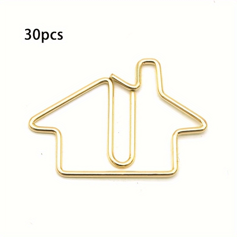 Image of A Set Of 30 Iron Paper Clips In Of Houses, With A Golden Finish, Ideal For Organizing Office Documents, Student Papers, And Colorful Files.