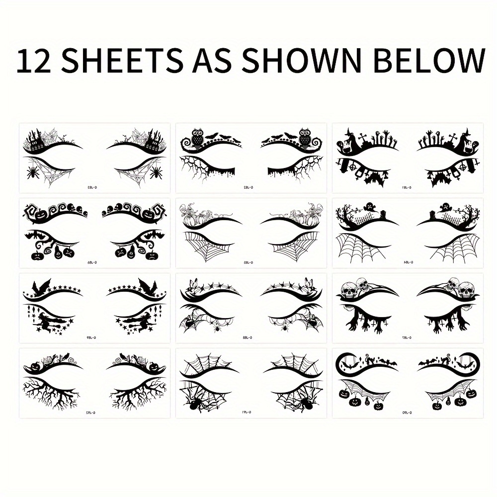 12-pack Black Halloween Eye Temporary Tattoo Stickers, Removable Realistic Eyeshadow Tattoos, Waterproof Sweatproof, Essential For Halloween Makeup, Versatile Cosmetic Accessory, Oblong Shape