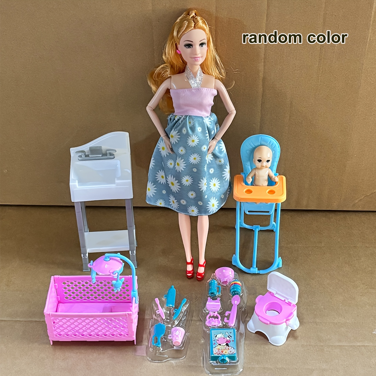 Image of Fashion Pregnant Mom Childbirth Doll And Additions Set Doll Table Chair Bed Tableware Puzzle Toy Set Birthday Gift