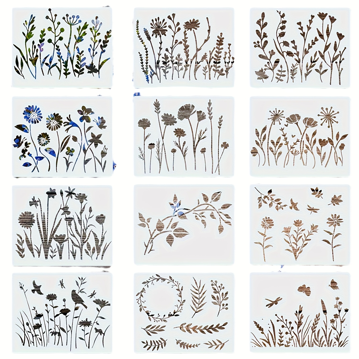 Image of 12 Flower And Plant Painting Templates, Hand Drawn Graffiti Patterns, Measuring 5.9 * 4.7 Inches, Suitable For Wooden Wall Furniture, Glass, Floor Tiles, And Home Decoration Handmade Items