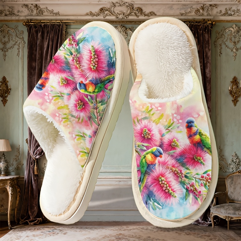 TEMU Cute Plush Couple Slippers Suitable For - Thick Sole Indoor House Shoes With Sole & Soft Fabric Upper, French Style Slip, Comfortable Matching
