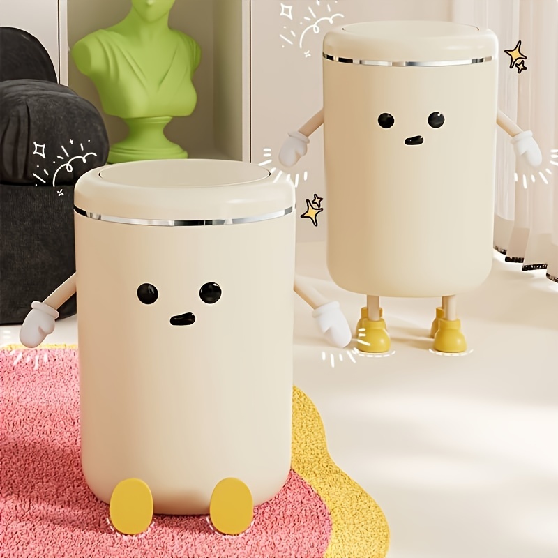 

Cute Cartoon Kitchen Trash Can With Quiet Close Lid - 9l Durable Plastic Cylindrical Garbage Bin, Pressure Ring Design, No-electricity Use