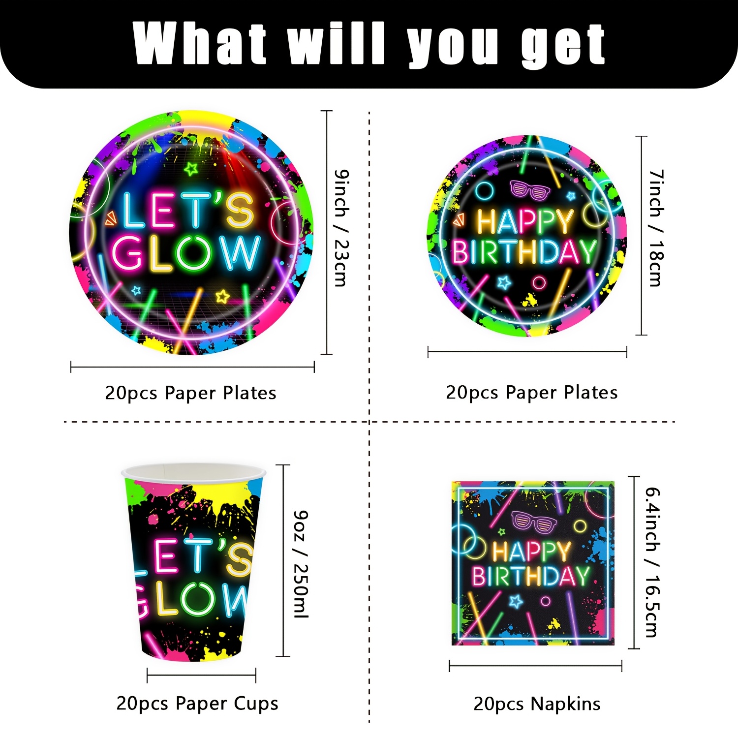 Image of Neon Glow Party Supplies Neon Party Paper Plates Napkins And Cups Tableware Neon Glow Birthday Colorful Graffiti Party Decoration For Glow Party Neon Party (fluorescent Style)